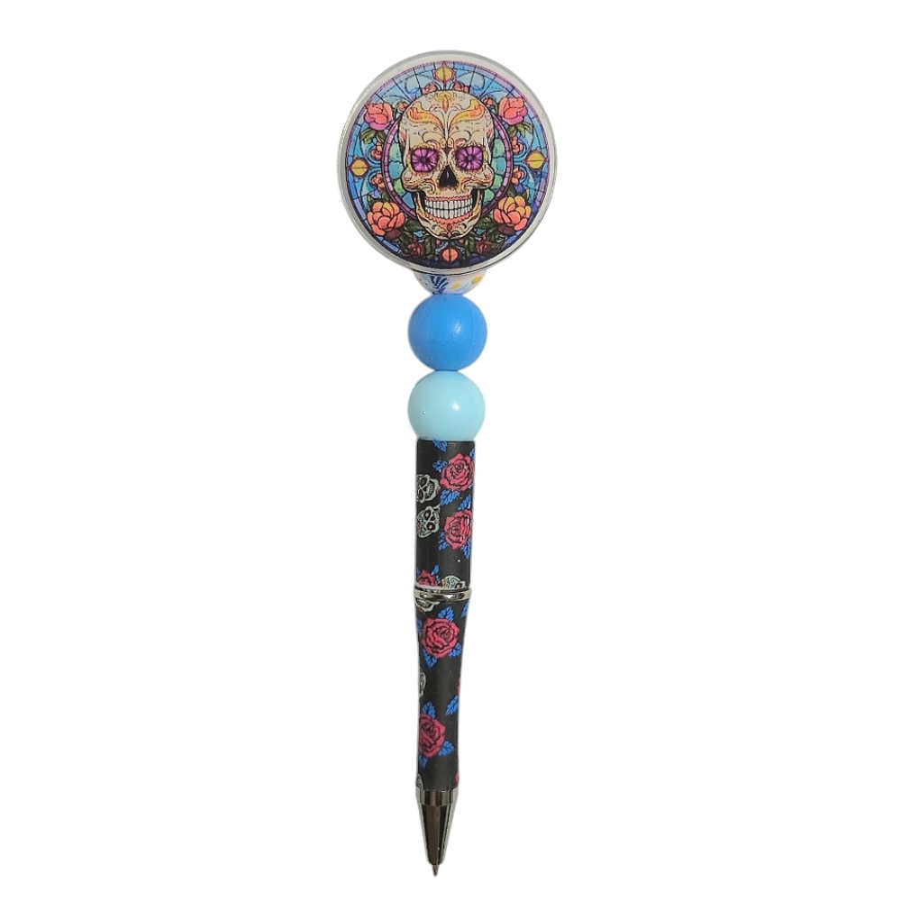 Dia De Los Muertos Skull Beaded Ballpoint Twist Pen Blue